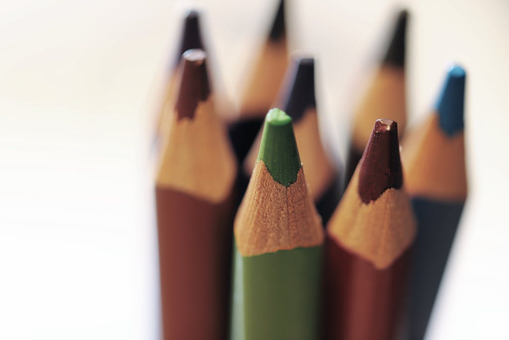 Close-up view of sharpened colorful wooden pencils arranged together.