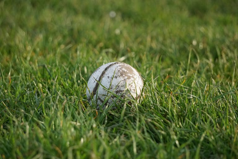 Detailed image of a hurling ball resting on lush green grass in Ireland.